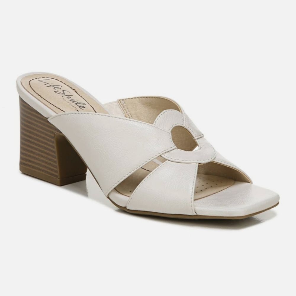 New LifeStride Thrill Sandal Bone Off White Slide On leather chunky heel 12 & 13